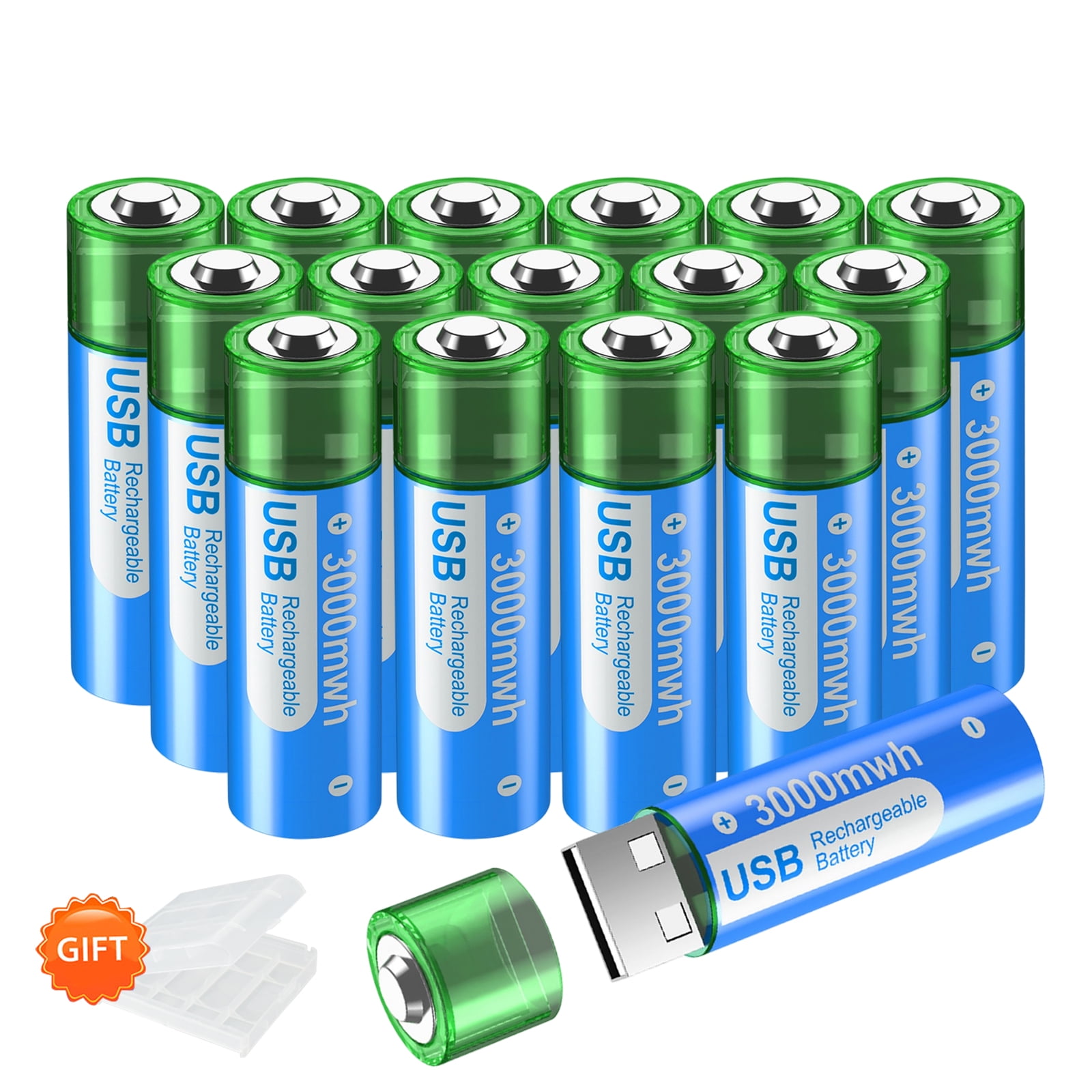 Palogreen AA USB Rechargeable Battery 16-Pack 1.5V Type-C Lithium Double A Batteries 3000mWh with Battery Case fot Solar Light