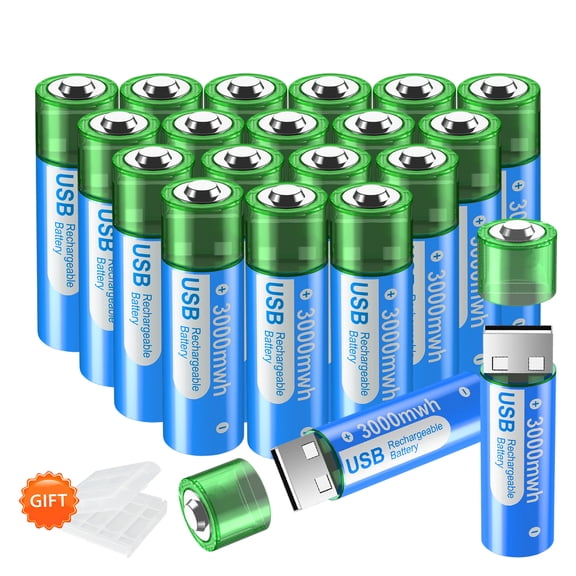 Palogreen AA USB Rechargeable Battery 20-Pack 1.5V Type-C Lithium Double A Batteries 3000mWh with Battery Case fot Solar Light