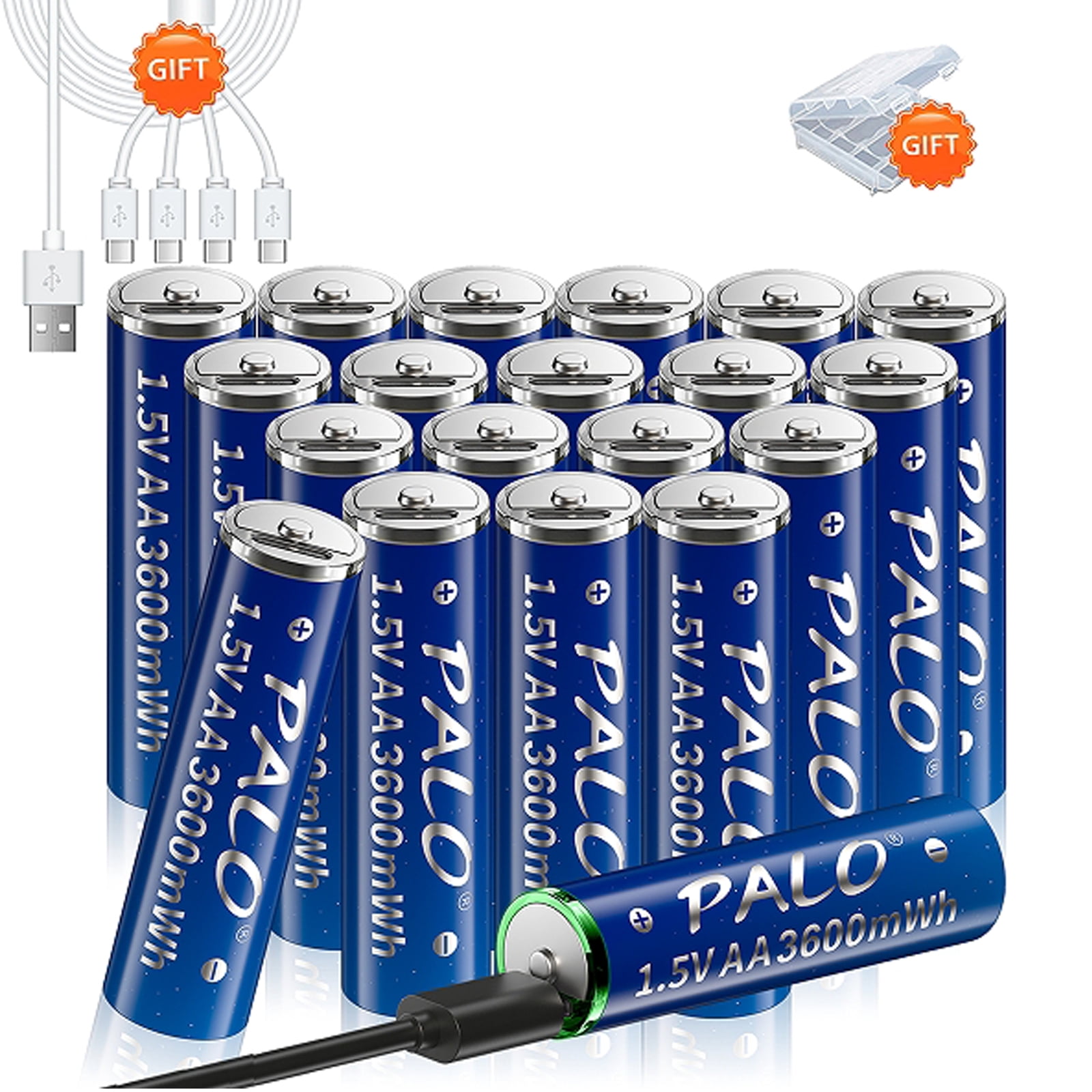 Palogreen AA USB Rechargeable Battery 20-Pack 1.5V Type-C Lithium Double A Batteries 3600mWh with Battery Case fot Solar Light