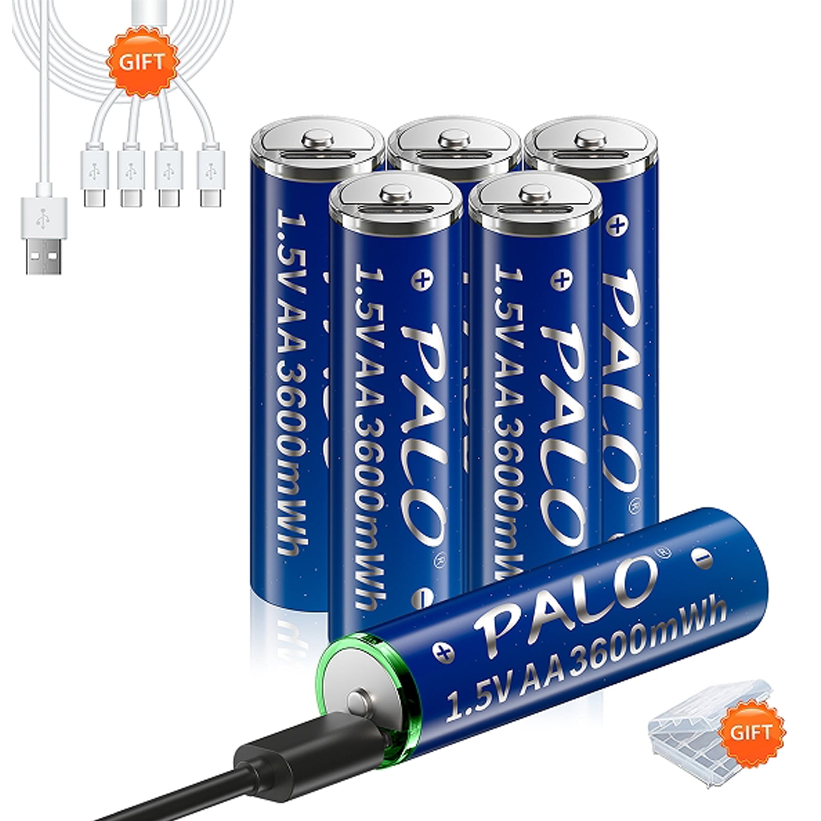 Palogreen AA USB Rechargeable Battery 6-Pack 1.5V Type-C Lithium Double A Batteries 3600mWh with Battery Case fot Solar Light