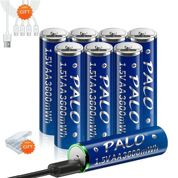 Palogreen AA USB Rechargeable Battery 8-Pack 1.5V Type-C Lithium Double A Batteries 3600mWh with Battery Case fot Solar Light