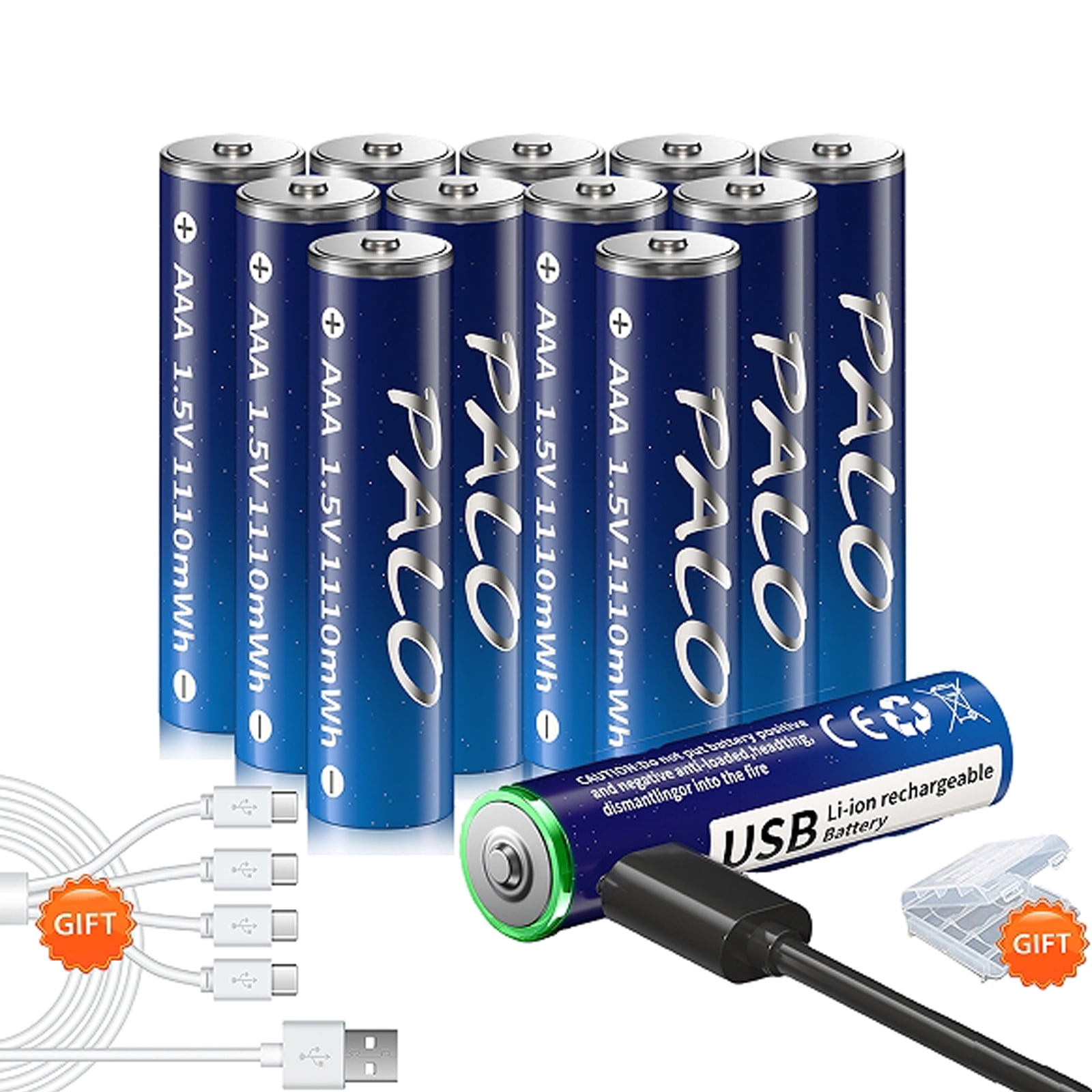 Palogreen AAA USB Rechargeable Battery 12-Pack 1.5V Type-C Lithium Triple A Batteries 1110mWh with Battery Case fot Solar Light