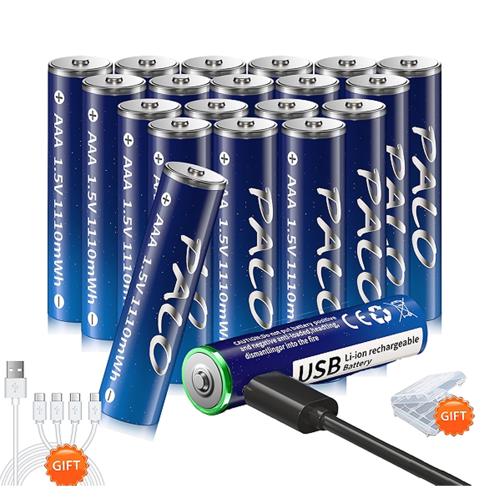 Palogreen AAA USB Rechargeable Battery 20-Pack 1.5V Type-C Lithium Triple A Batteries 1110mWh with Battery Case fot Solar Light