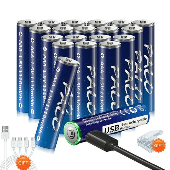 Palogreen AAA USB Rechargeable Battery 20-Pack 1.5V Type-C Lithium Triple A Batteries 1110mWh with Battery Case fot Solar Light