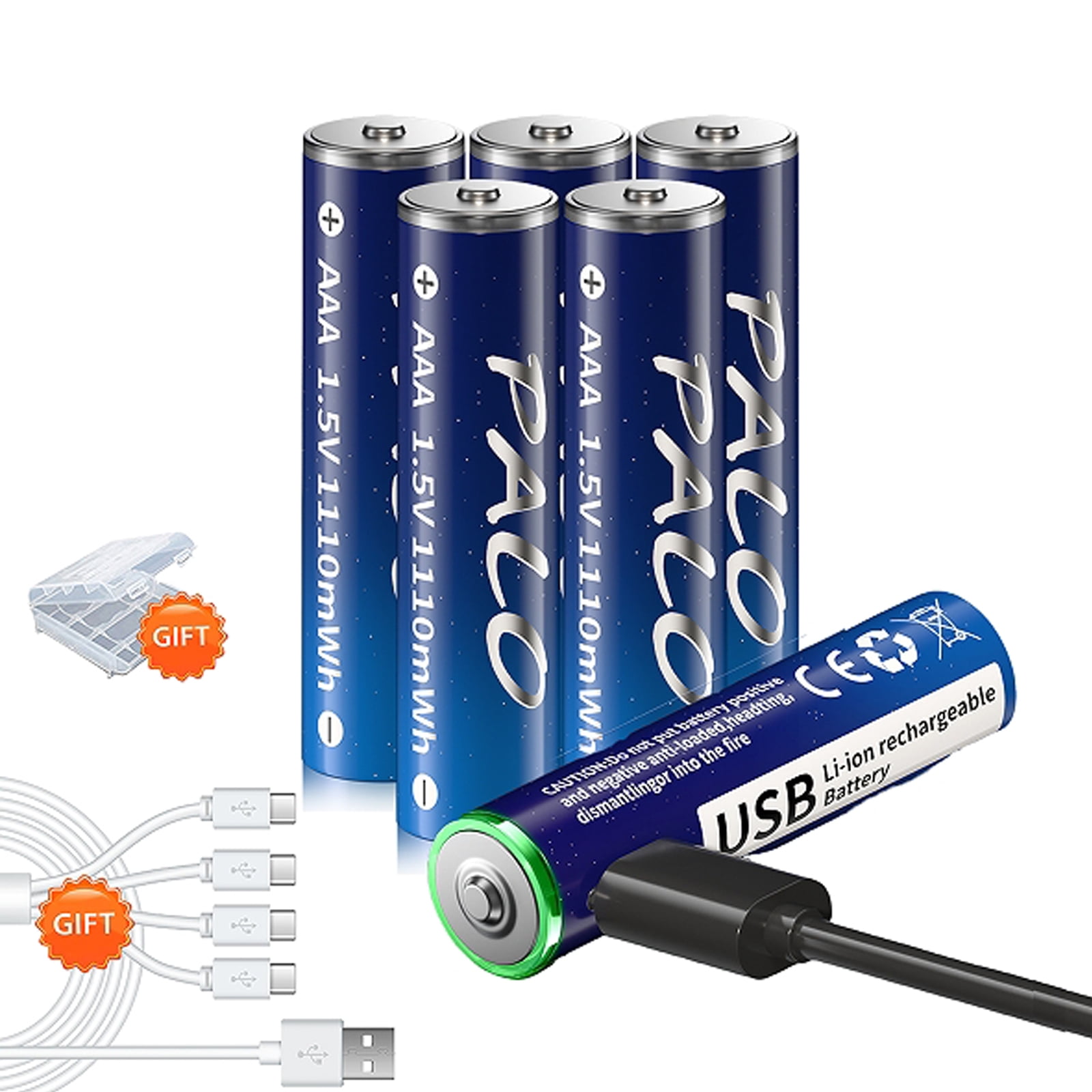 Palogreen AAA USB Rechargeable Battery 6-Pack 1.5V Type-C Lithium Triple A Batteries 1110mWh with Battery Case fot Solar Light
