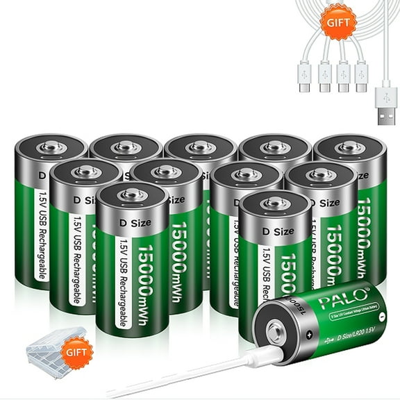 Palogreen Rechargeable D Battery 12-Pack 1.5V Type-C USB D Size Lithium Batteries 15000mWh Long Lasting D Cell Battery with Battery Case