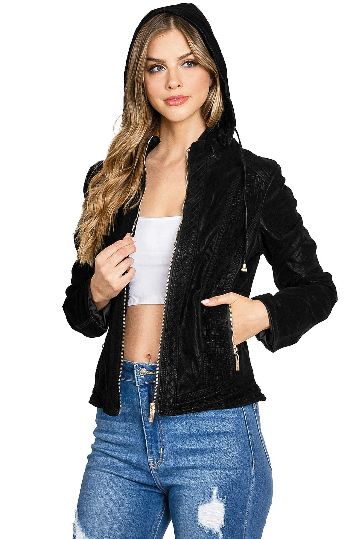 Palomares Women's Juniors Fitted Moto Hooded Faux Leather Jacket
