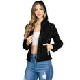 thumbnail image 1 of Palomares Women's Juniors Fitted Moto Hooded Faux Leather Jacket (Large, Black), 1 of 5