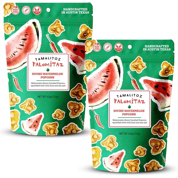 Palomitaz Gourmet Popcorn Divine Watermelon Popcorn Sweet & Spicy Mexican-Style Kettle Corn with Chili, Lime & Sea Salt Fruity Handcrafted Snack, Gluten-Free, Vegan, 2 Bags (4oz each)