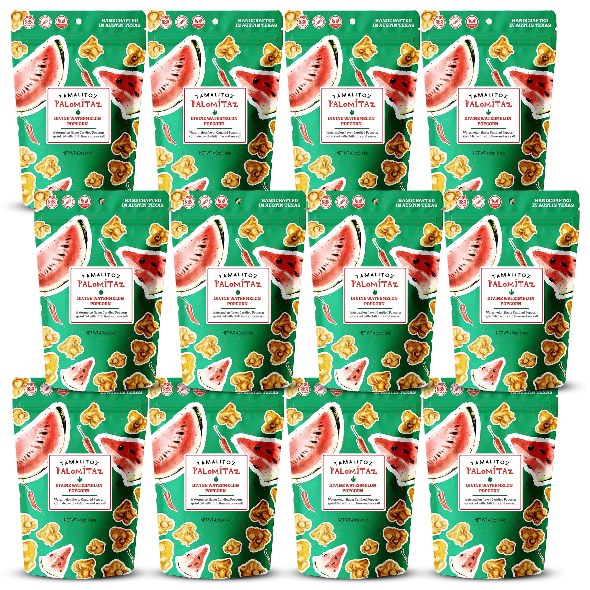 Palomitaz Gourmet Popcorn Divine Watermelon Popcorn – Sweet & Spicy Mexican-Style Kettle Corn with Watermelon, Chili, Lime & Sea Salt – Handcrafted Snack – Gluten-Free, Vegan – 12 Bags (4oz Each)