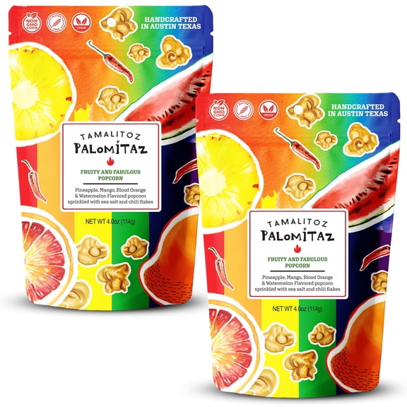 Palomitaz Gourmet Popcorn Fruity and Fabulous Popcorn Sweet & Spicy Mexican-Style Kettle Corn with Watermelon, Mango, Pineapple & Blood Orange Handcrafted Snack, Gluten-Free, Vegan, 2 Bags (4oz Each)