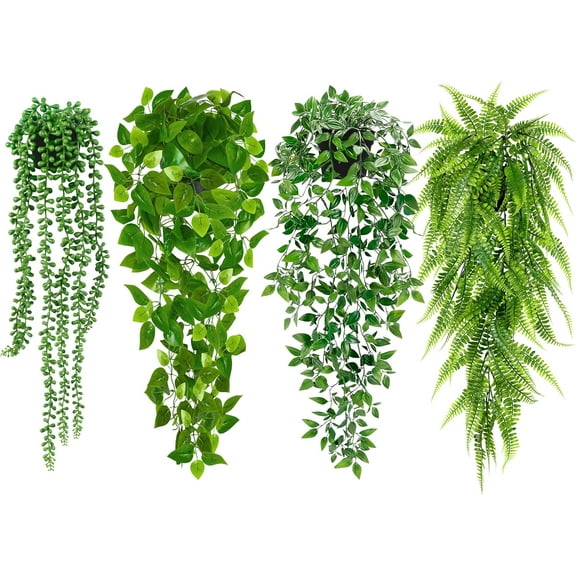 Palonu Artificial Hanging Plants for Shelf, 4 Pack Fake Potted Greenery Plant Faux Mandala Vine, String of Pearls, Ivy Vine,Persian Grass Fern in Pot for Desk Home Bathroom Farmhouse Room Table Decor