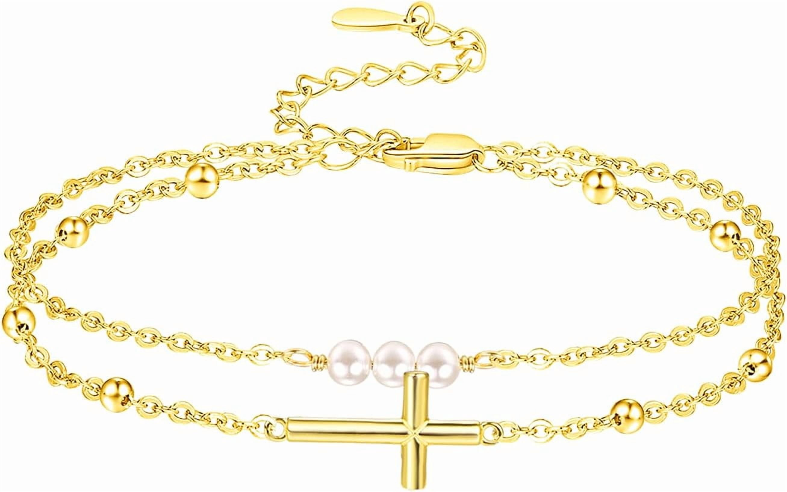 Palpitate Cross Anklet for Women Pearl Cross Ankle Bracelets 14K Gold Plated Adjustable Layered Foot Bead Chain for Women