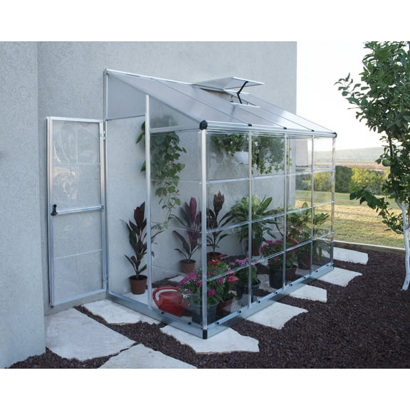 Palram - Canopia Hybrid 4' x 8' Polycarbonate/Aluminum Lean-To Greenhouse – Silver - with Roof Vent