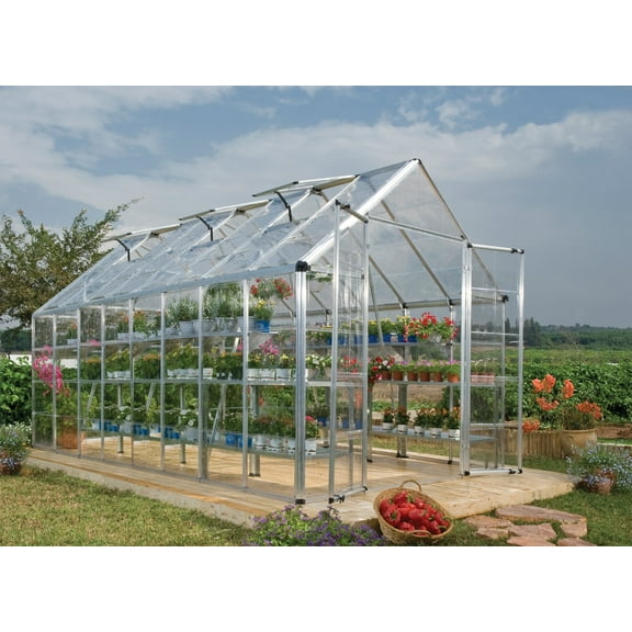 Palram - Canopia Snap & Grow 8' x 16' Polycarbonate/Aluminum Walk-In Greenhouse – Silver - with 5 Roof Vents