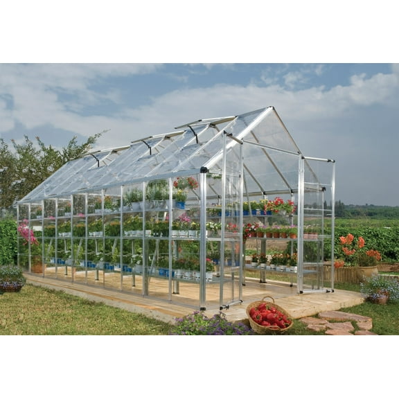 Palram - Canopia Snap & Grow 8' x 20' Polycarbonate/Aluminum Walk-In Greenhouse – Silver - with 4 Roof Vents