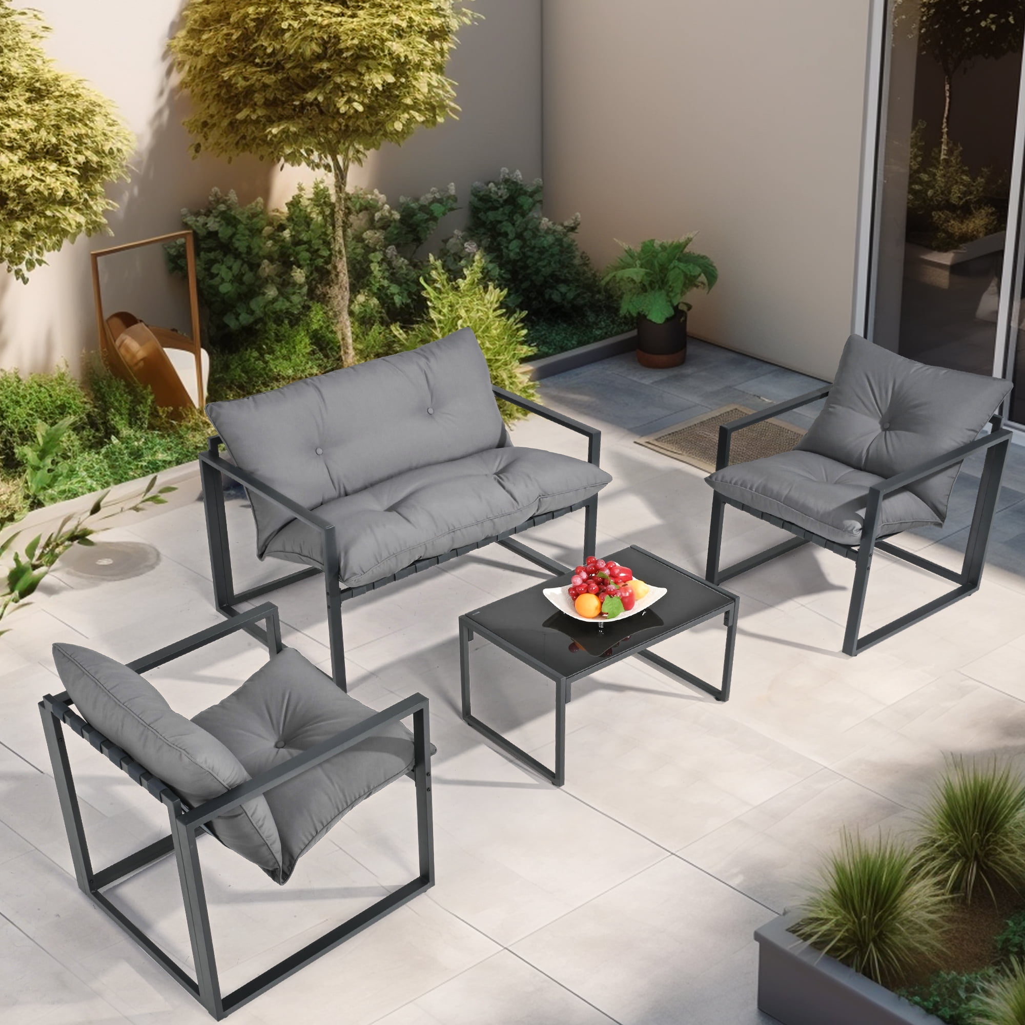 PamaPic 4 Piece Outdoor Patio Furniture Set Modern Gray Conversation Set with Cushions