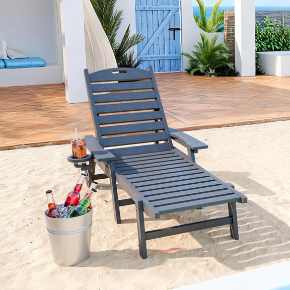 Pamapic 1 PC 500 LBS Lounge Chair, Wide Armrest Oversized Chaise Lounge Chair with Wheel, All Weather HDPE 4 Positions Chaise Lounge with Cup Holder, Outdoor Lounge Chairs for Poolsdie, Patio, Grey