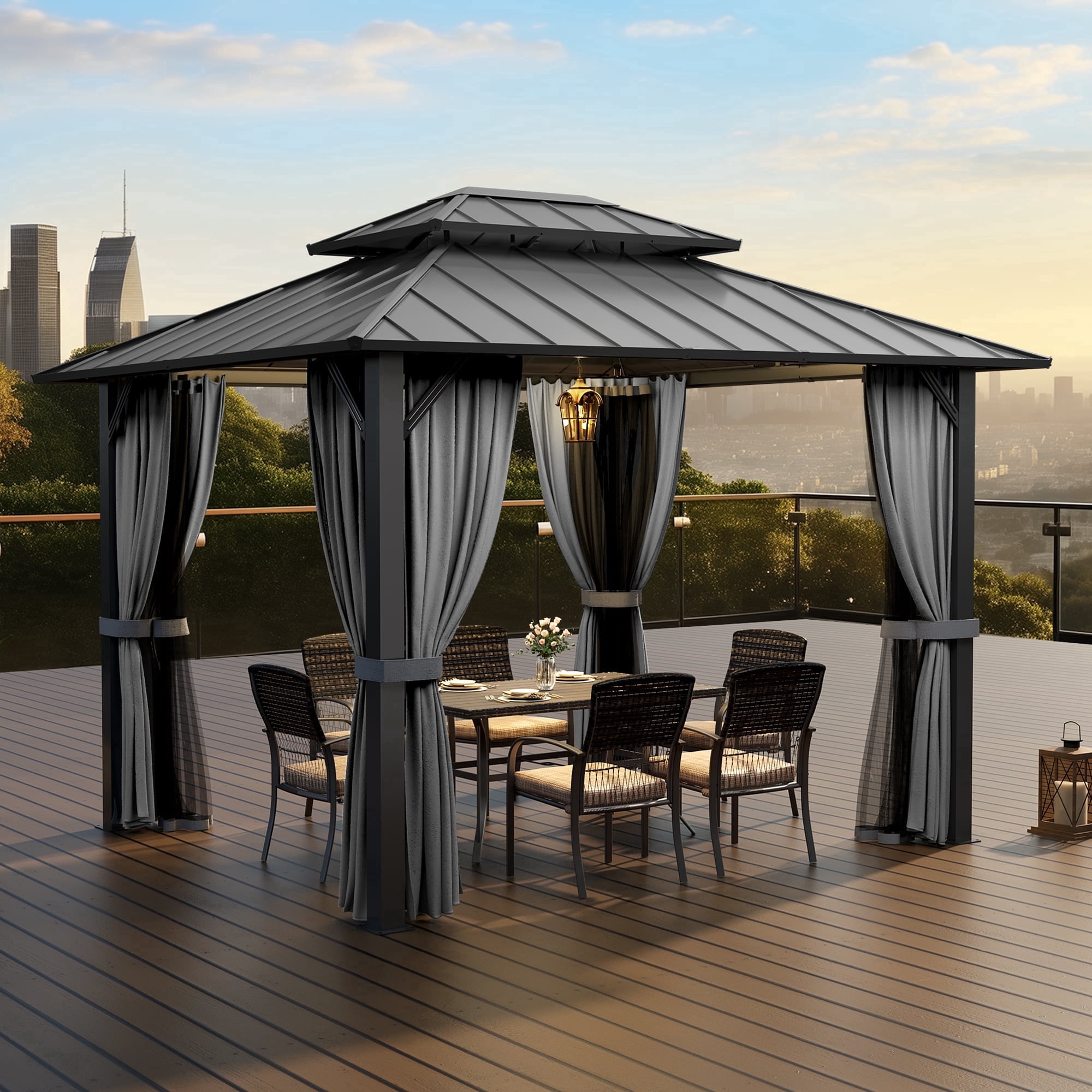 Pamapic 10x12 FT Hardtop Gazebo, Galvanized Steel Double Roof Outdoor Pavilion with Breathable Netting and Privacy Curtain, Black for Patio, Backyard, Deck, Lawn