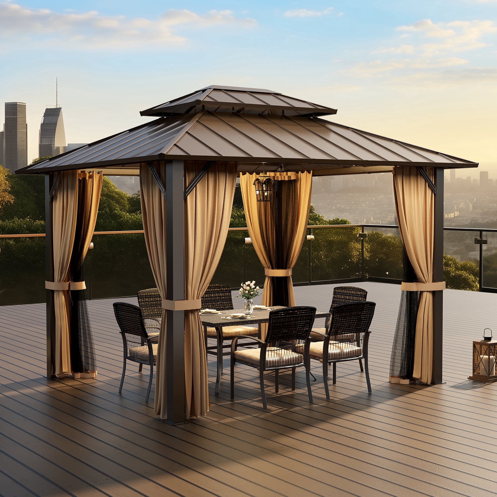 Pamapic 10x12 FT Hardtop Gazebo, Galvanized Steel Double Roof Outdoor Pavilion with Breathable Netting and Privacy Curtain, Brown for Patio, Backyard, Deck, Lawn