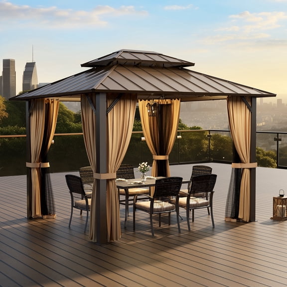 Pamapic 10x12 FT Hardtop Gazebo, Galvanized Steel Double Roof Outdoor Pavilion with Breathable Netting and Privacy Curtain, Brown for Patio, Backyard, Deck, Lawn
