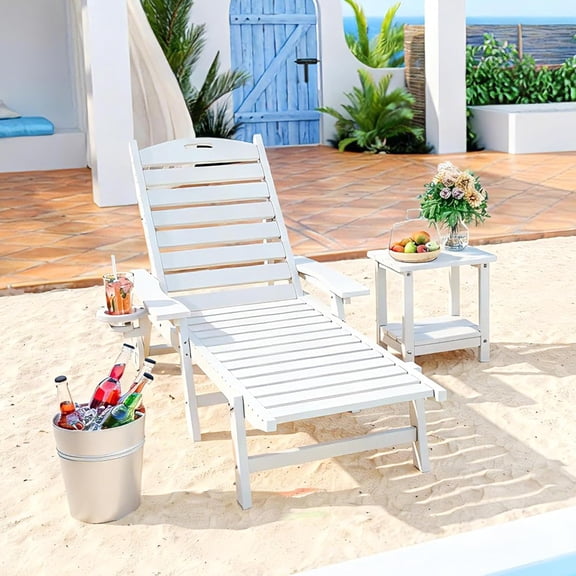 Pamapic 500 LBS Lounge Chair with Coffee Table Set of 2, Wide Armrest Oversized Chaise Lounge Chair with Wheel, 4 Positions Chaise Lounge with Cup Holder, Outdoor Lounge Chairs for Poolsdie, White