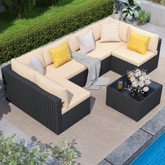 Pamapic 7 Pieces Patio Furniture Sets, Wicker Patio Sectional Sofa Conversation Set with Coffee Table and Washable Cushions Covers (Beige)