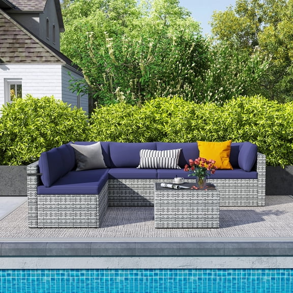 Pamapic 7 Pieces Patio Furniture Sets, Wicker Patio Sectional Sofa Conversation Set with Coffee Table and Washable Cushions Covers (Blue)