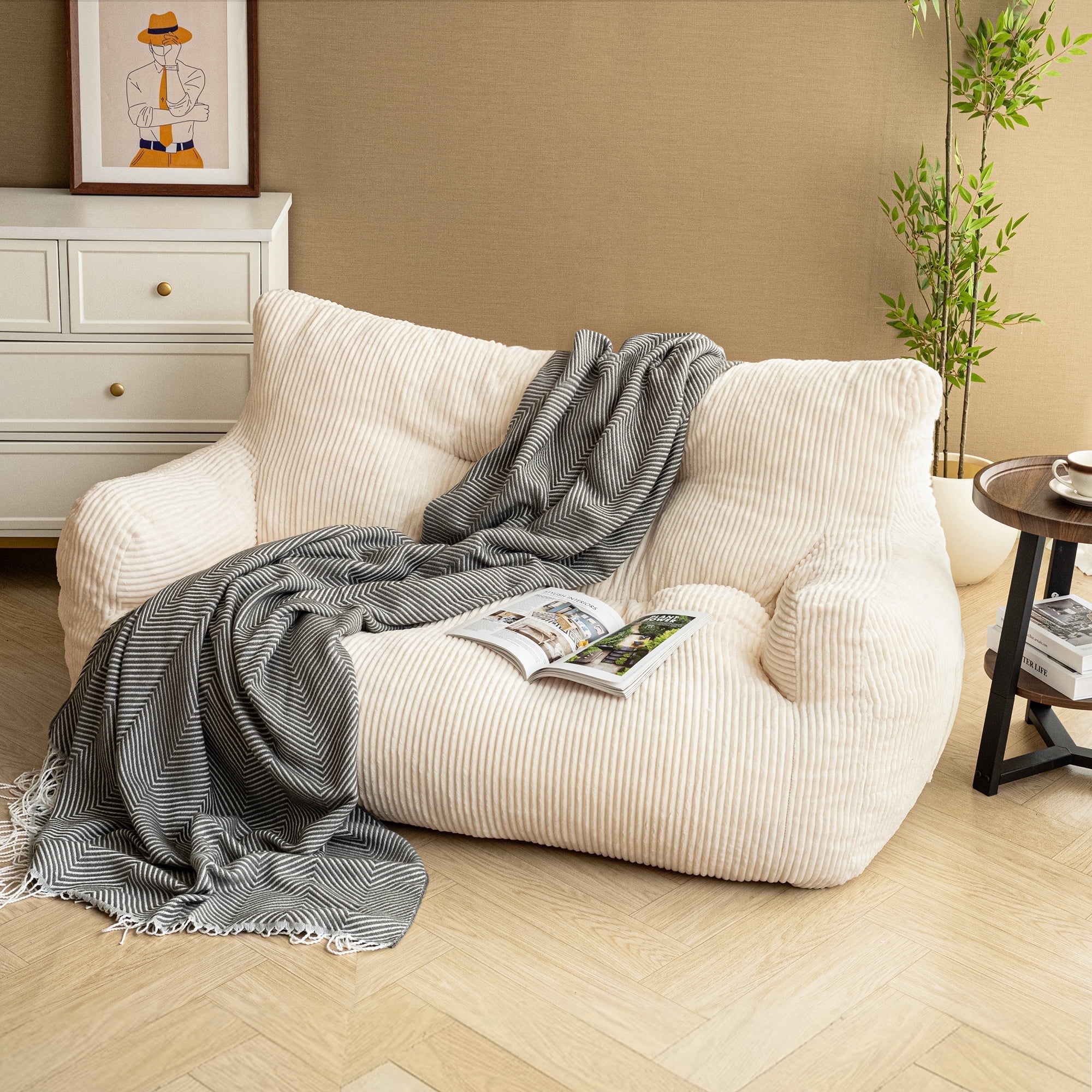 Pamapic, Large Cozy 2 Seat Bean Bag Chair, White, Adult Lounge
