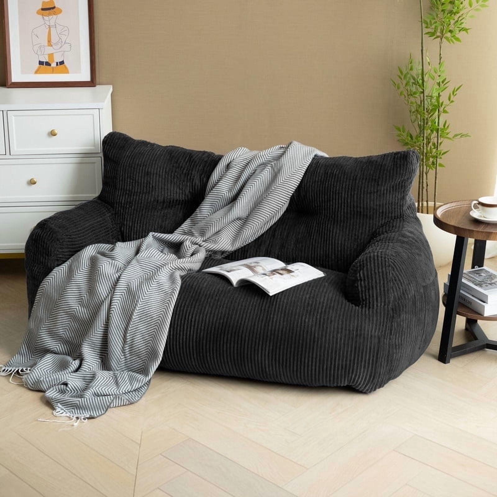 Pamapic Adult Double Seater Corduroy Fabric and Foam Filled Indoor Use Bean Bag Chair, Black