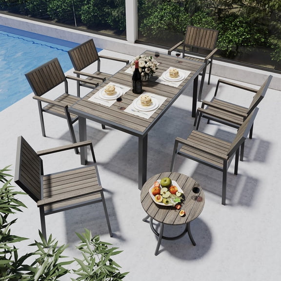 Pamapic 8-Piece Aluminum Outdoor Dining Set with Umbrella Hole and Small Side Table, Black