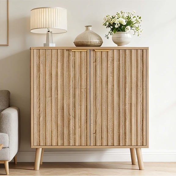 Pamapic Fluted Storage Cabinet, Sideboard Buffet with Doors and Shelf, Wooden Console Table & Credenza, Multifunctional Entryway Cabinet for Living Room, Dining Room (Natural)
