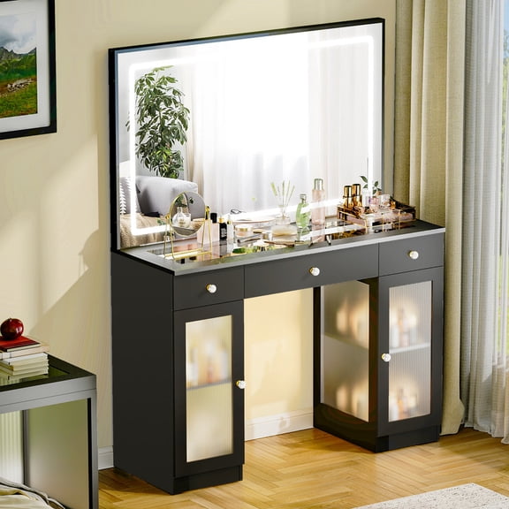 Pamapic Makeup Vanity Table with 43" Smart Touch Mirror & Power Outlet, 3 Drawers & Dual Storage Cabinets, Black