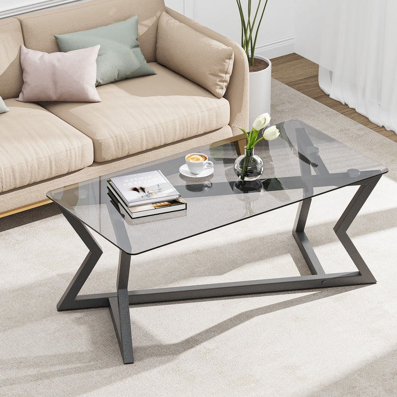 Pamapic Modern Glass Coffee Table With Metal Crossed Legs Adjustable pamapic-modern-glass-coffee-table-with-metal-crossed-legs-adjustable