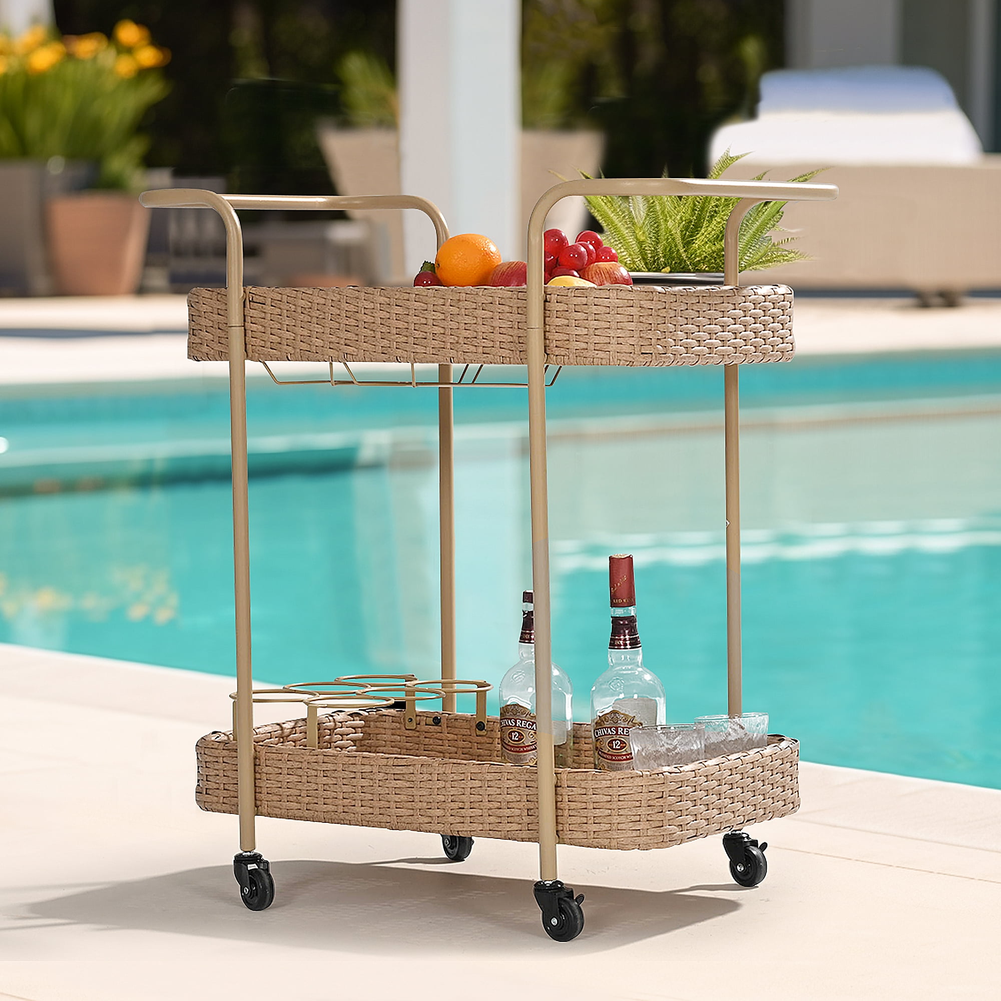 Pamapic Outdoor Patio Wicker Rattan 2-Tier Serving Bar Cart with Wheels, for Kitchen, Patio, Deck, Poolside