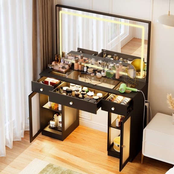 PamapicLife 3-Drawer Makeup Vanity Desk with 43" Mirror, LED Light Strips & Charging Station