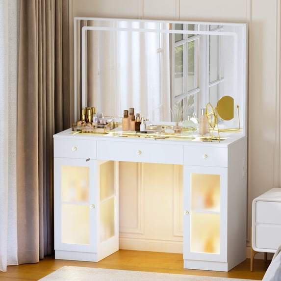 PamapicLife Modern Makeup Vanity Desk with 43" Mirror, LED Light Strips and Charging Station, White
