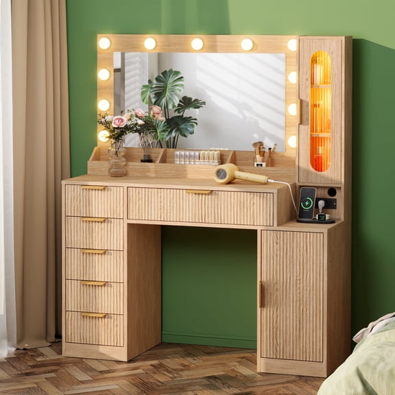 PamapicLife 46.1" Fluted Makeup Vanity Desk With Lighted Mirror And Changing Light Cabinet, 6 Drawers