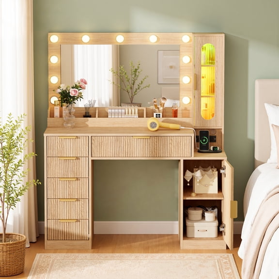 PamapicLife 46.1" Fluted Makeup Vanity Desk With Lighted Mirror And Changing Light Cabinet, 6 Drawers
