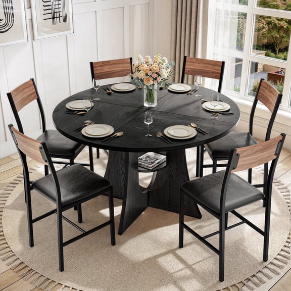 PamapicLife 6 Person 47" Round Table Dining Set With Chairs, Cross Base Design