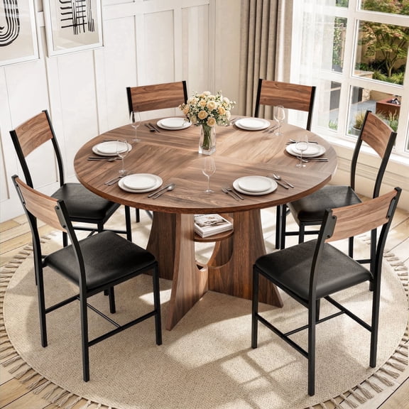 PamapicLife 6 Person 47" Round Table Dining Set With Chairs, Cross Base Design