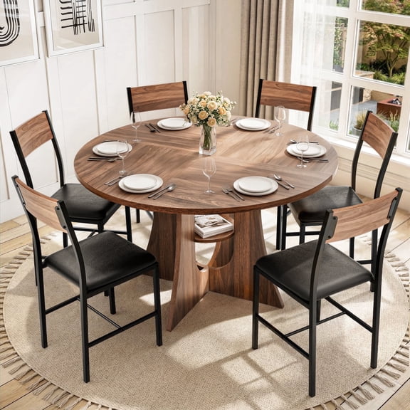PamapicLife 6 Person 47" Round Table Dining Set With Chairs, Cross Base Design