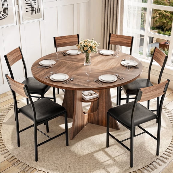 PamapicLife 6 Person 47" Round Table Dining Set With Chairs, Cross Base Design