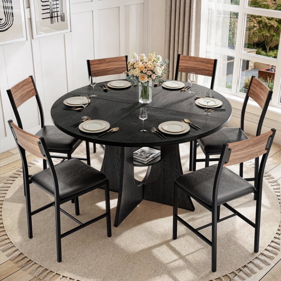 PamapicLife 6 Person 47" Round Table Dining Set With Chairs, Cross Base Design