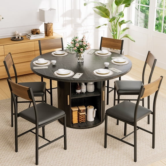 PamapicLife 6 Person 47" Round Table Dining Set With Chairs, Storage Shelf