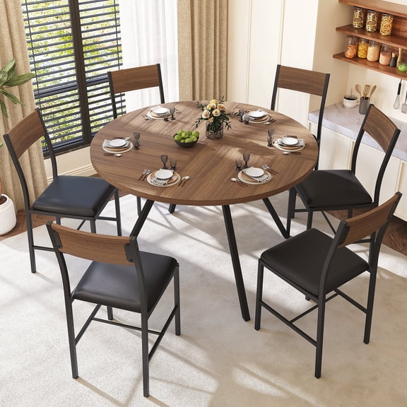 PamapicLife 7 Piece Adult Contemporary MDF Dining Table with Chair Black / Brown