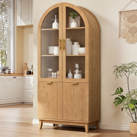 PamapicLife 71" Tall Arched Bookshelf, Farmhouse Display Cabinet with Adjustable Shelves & Glass Door