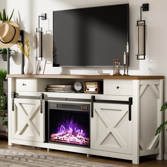 PamapicLife Sliding Diamond Door TV Stand with Electric Fireplace