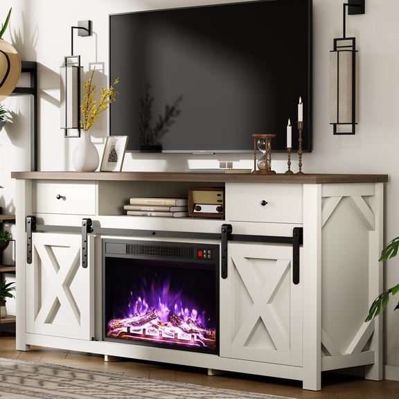 PamapicLife Sliding Diamond Door TV Stand with Electric Fireplace