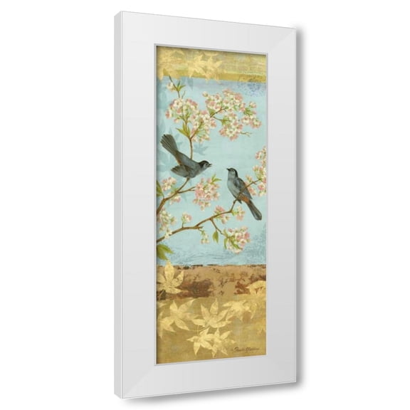 Pamela Gladding 7x14 White Modern Wood Framed Wall Art Titled - Catbirds and Blooms Panel